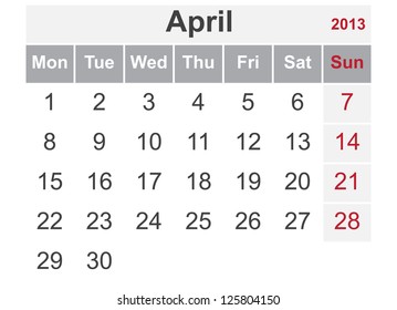 Simple calendar for April 2013 (week starts from Monday)