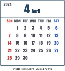 Simple calendar for April 2024