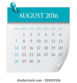 Simple calendar for August 2016