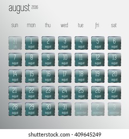 Simple calendar for August 2016. Week starts from Sunday. Vector illustration.