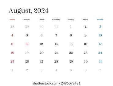 Simple calendar for August 2024