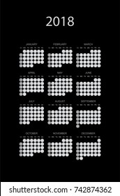 Simple calendar black color for 2018 year. Week starts from Sunday. Flat vector illustration EPS10.