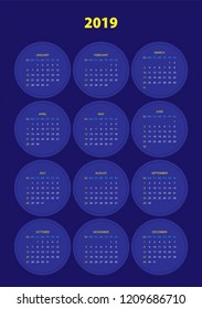 Simple calendar with blue color for 2019 year. Week starts from Sunday. Flat vector illustration EPS10.