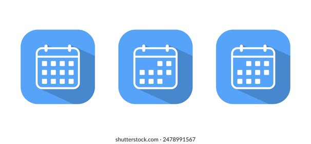 Simple calendar, date icon with long shadow on blue square