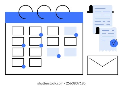 A simple calendar with dates marked using dots and a to-do checklist on a paper. An envelope and a document roll are also visible. Ideal for time management, organization, productivity, planning