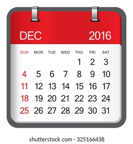 Simple calendar for December 2016