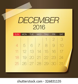 Simple calendar for December 2016