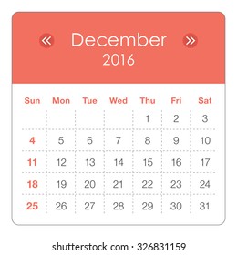 Simple calendar for December 2016