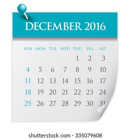 Simple calendar for December 2016