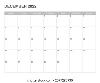 simple calendar december 2022 , start monday