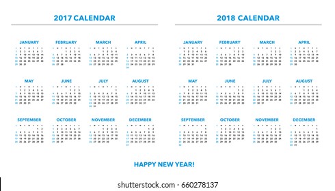 Simple calendar design for 2017 and 2018 years. Week starts from Sunday.