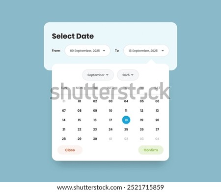 Simple calendar element or date range pickup web and mobile ui popup design