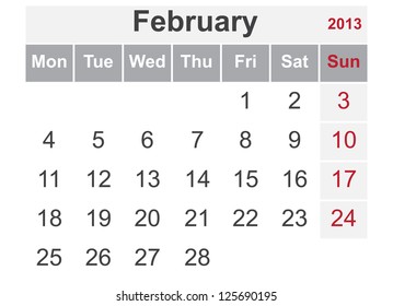 Simple calendar for February 2013 (week starts from Monday)