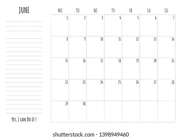 Simple calendar grid with To Do List and motivation phrase "Yes, I can Do It". Monthly printable planner, organizer template for June 2020 start from Monday. Minimalist planner for study or work.