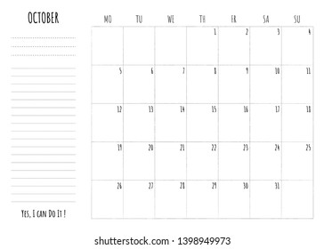 Simple calendar grid with To Do List and motivation phrase "Yes, I can Do It". Monthly printable planner, organizer template for October 2020 start from Monday. Minimalist planner for study or work.