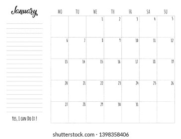 Simple calendar grid with lettering month name and motivation phrase "Yes, I can Do It". Monthly printable organizer start from Monday for January 2020. Minimalist planner for study or work.