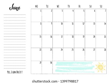 Simple calendar grid with lettering month name, motivation phrase "Yes, I can Do It" and decor. Monthly printable organizer start from Monday for June 2020. Minimalist planner for study or work.