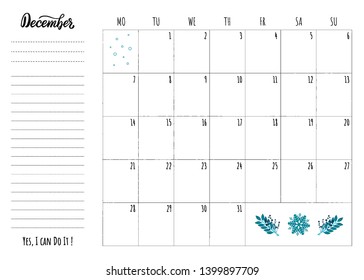 Simple calendar grid with lettering month name, motivation phrase "Yes, I can Do It" and decor. Monthly printable organizer start from Monday for December 2020. Minimalist planner for study or work.