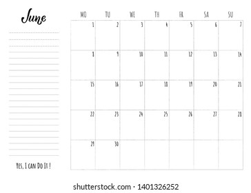Simple calendar grid with lettering month name and motivation phrase "Yes, I can Do It". Monthly printable organizer start from Monday for June 2020. Minimalist planner for study or work.