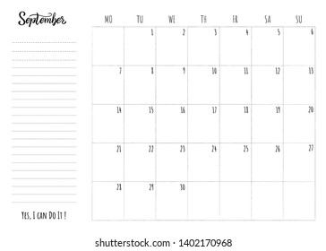 Simple calendar grid with lettering month name and motivation phrase "Yes, I can Do It". Monthly printable organizer start from Monday for September 2020. Minimalist planner for study or work.