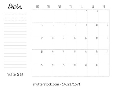 Simple calendar grid with lettering month name and motivation phrase "Yes, I can Do It". Monthly printable organizer start from Monday for October 2020. Minimalist planner for study or work.