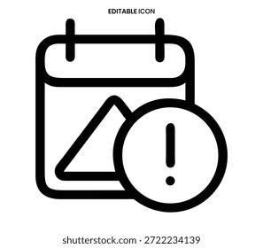 Un simple icono de calendario con una exclamación y una flecha que indica una fecha o evento importante.