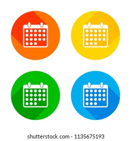 simple calendar icon. Flat white icon on colored circles background. Four different long shadows in each corners