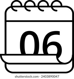 Icono de calendario simple con efecto de página plegada. Calendario con un día específico marcado, día 06.