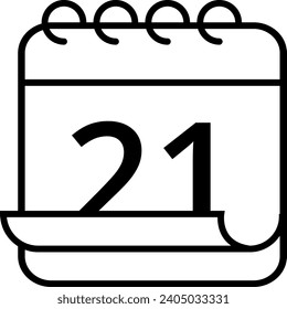 Icono de calendario simple con efecto de página plegada. Calendario con un día específico marcado, día 21.