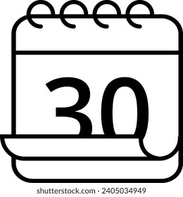 Icono de calendario simple con efecto de página plegada. Calendario con un día específico marcado, día 30.