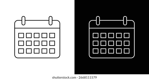 Simple calendar icon graphic, line art style, shown on both white and black backgrounds. Perfect for app or website use.
