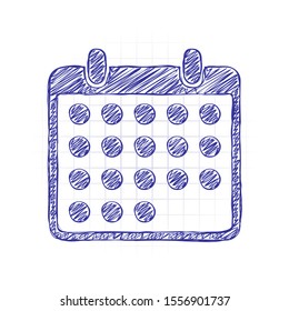 simple calendar icon. Hand drawn sketched picture with scribble fill. Blue ink. Doodle on white background
