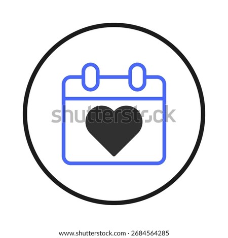 A simple calendar icon with a heart symbol prominently displayed, suggesting a significant or romantic event. Represents schedules, important appointments, or special occasions, emphasizing