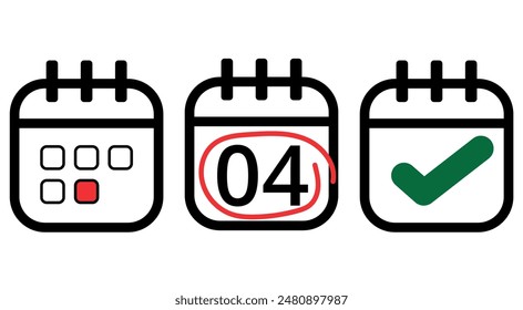 Simple calendar icon with hollow black outline on transparent background. Calendar icon with specific day, day 04.