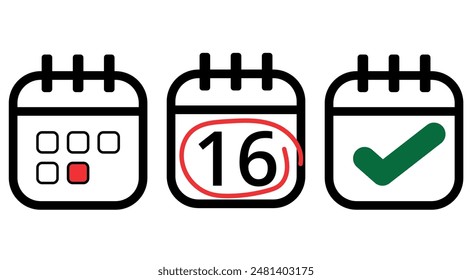 Simple calendar icon with hollow black outline on transparent background. Calendar icon with specific day, day 16.