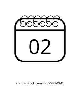 Simple calendar icon in outline isolated on white background with specific day marked for websites and graphic resources, day 02.