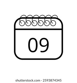 Simple calendar icon in outline isolated on white background with specific day marked for websites and graphic resources, day 09.