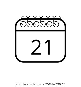 Simple calendar icon in outline isolated on white background with specific day marked for websites and graphic resources, day 21.