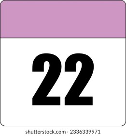 simple calendar icon with pink header and white background showing 22nd day number twenty-two svg