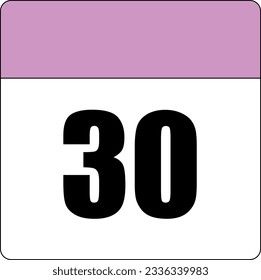 simple calendar icon with pink header and white background showing 30th day number thirty svg