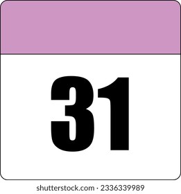 simple calendar icon with pink header and white background showing 31st day number thirty-one svg