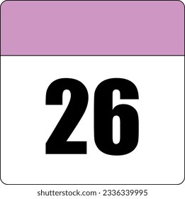 simple calendar icon with pink header and white background showing 26th day number twenty-six svg