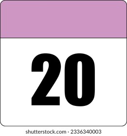 simple calendar icon with pink header and white background showing 20th day number twenty svg