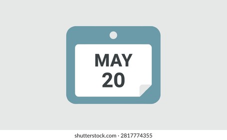 Simple calendar icon representing the date twentieth of may in a clean flat design over solid grey background.