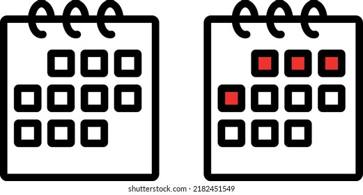 Einfaches Kalendersymbol-Set, schwarze Linie, Vektorgrafik mit rotem Element