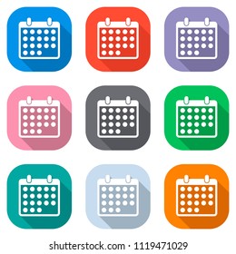 simple calendar icon. Set of white icons on colored squares for applications. Seamless and pattern for poster