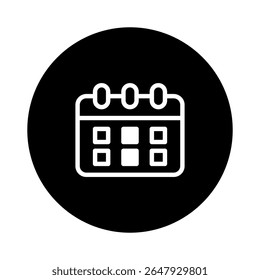 Ilustración vectorial simple del icono del calendario que representa las citas de planificación y la organización aislada en el gráfico negro del fondo del círculo para los diseñadores
