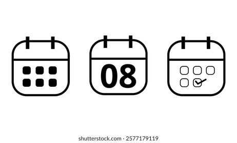 Simple calendar icons in different formats for websites and graphic resources. Calendar icon with specific day marked, day 08.