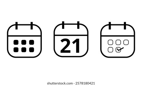 Simple calendar icons in different formats for websites and graphic resources. Calendar icon with specific day marked, day 21.