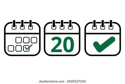 Iconos simples de calendario de diferentes modelos para sitios web, blogs y recursos gráficos. Icono de calendario con un día específico marcado, día 20.